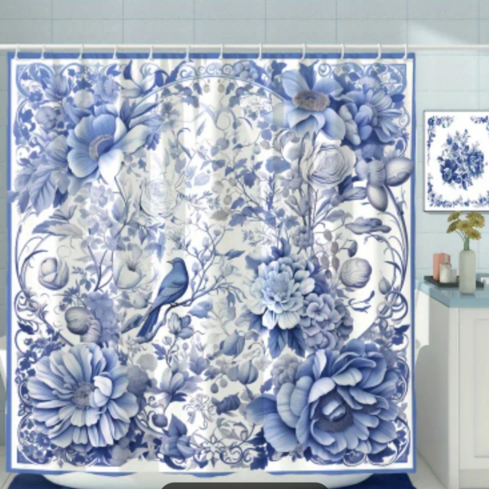 HOME GOODS "BLUE GARDEN" FABRIC SHOWER CURTAIN NWT
